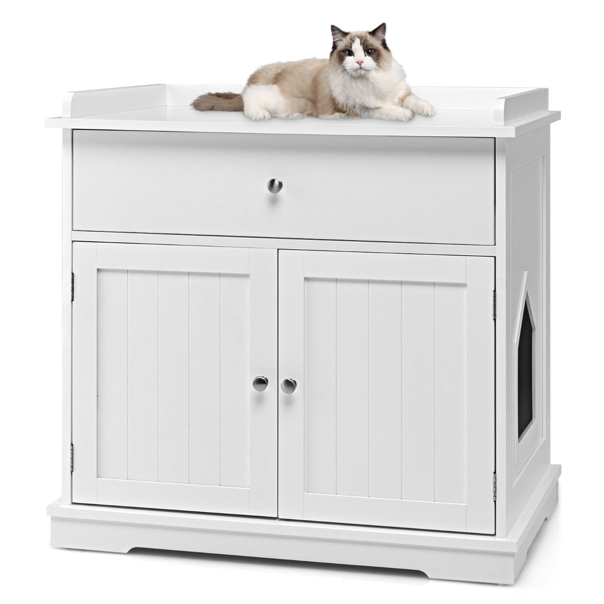 Modern Cat Litter Box Enclosure with Drawer &amp; 2 Doors-White