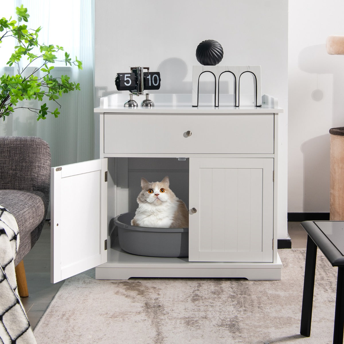 Modern Cat Litter Box Enclosure with Drawer &amp; 2 Doors-White