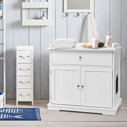 Modern Cat Litter Box Enclosure with Drawer &amp; 2 Doors-White