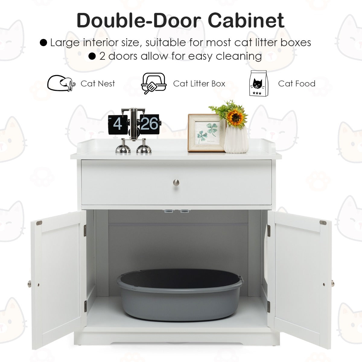 Modern Cat Litter Box Enclosure with Drawer &amp; 2 Doors-White
