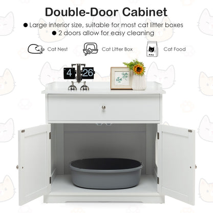 Modern Cat Litter Box Enclosure with Drawer &amp; 2 Doors-White
