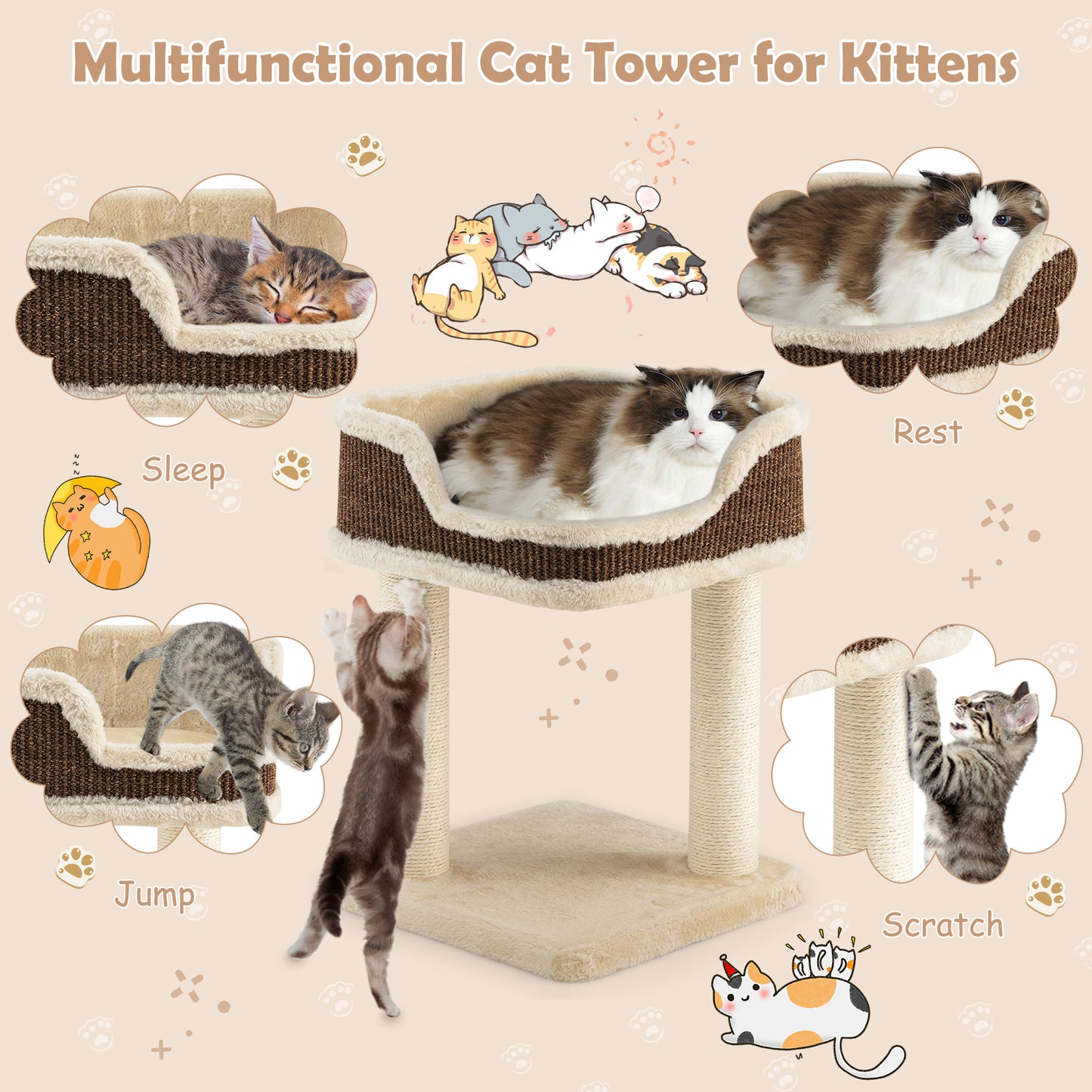 Compact Cat Tree Tower for Scratching, Relaxing &amp; Sleeping-Beige