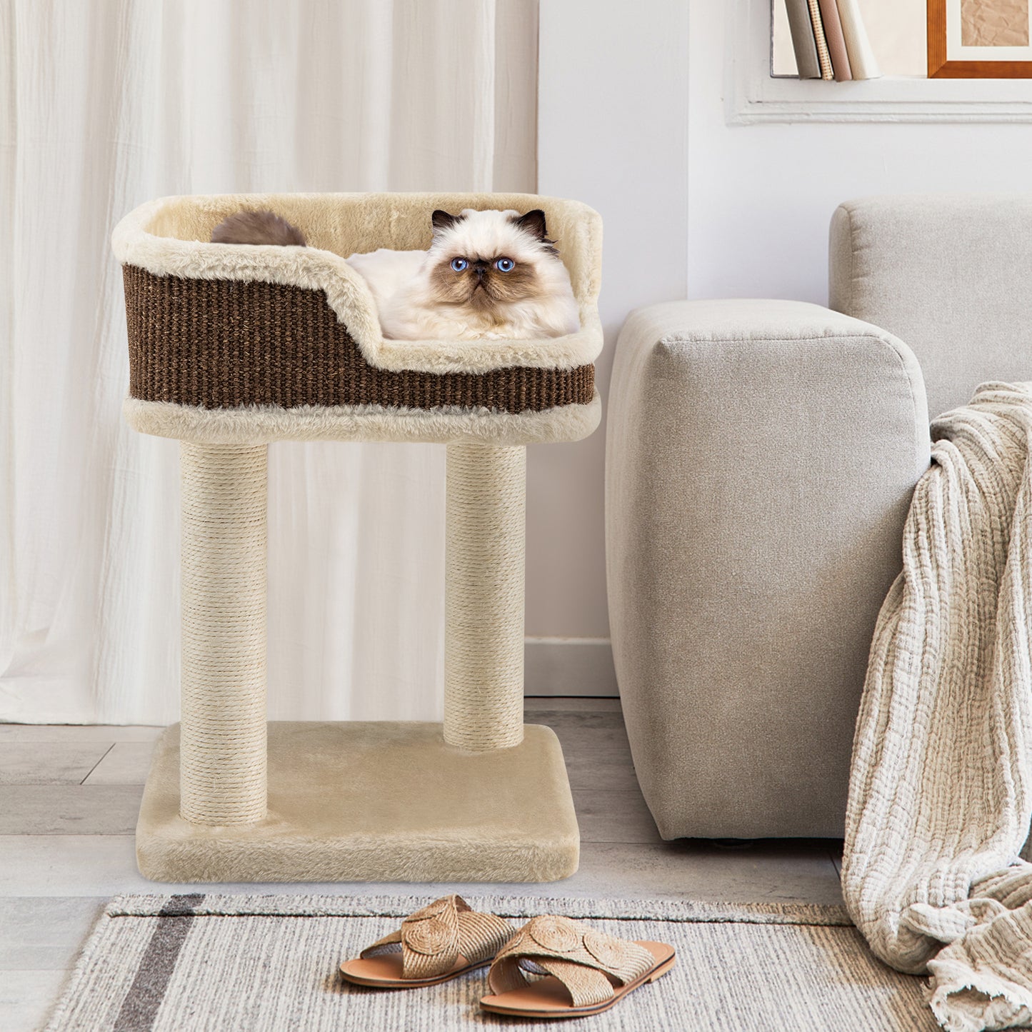Compact Cat Tree Tower for Scratching, Relaxing &amp; Sleeping-Beige