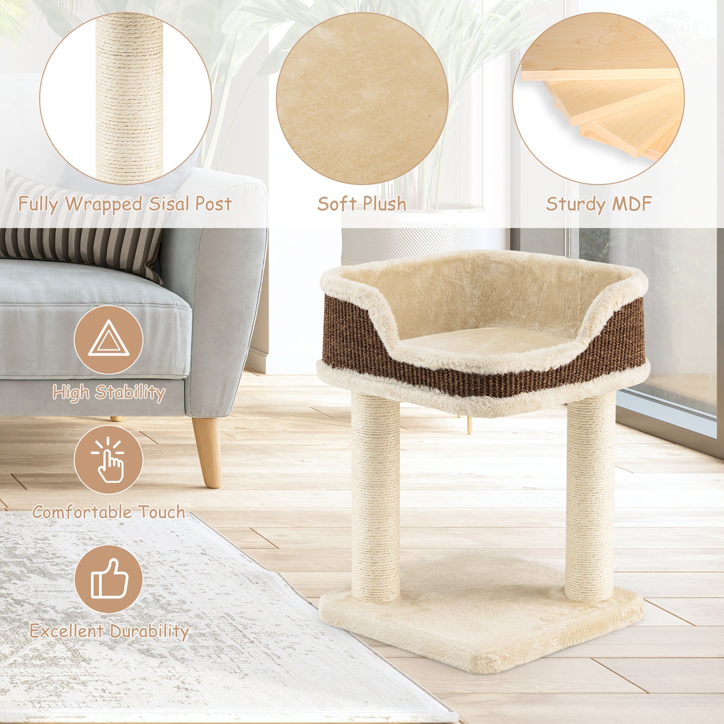 Compact Cat Tree Tower for Scratching, Relaxing &amp; Sleeping-Beige