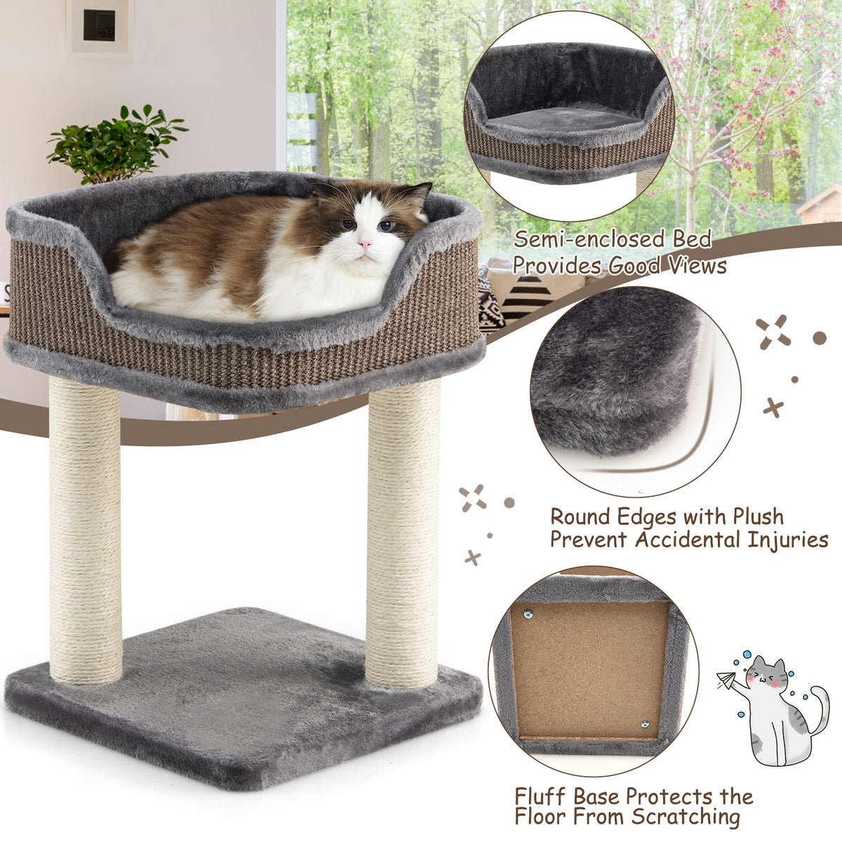 Costway Compact Cat Tree Tower for Scratching, Relaxing &amp; Sleeping-Grey