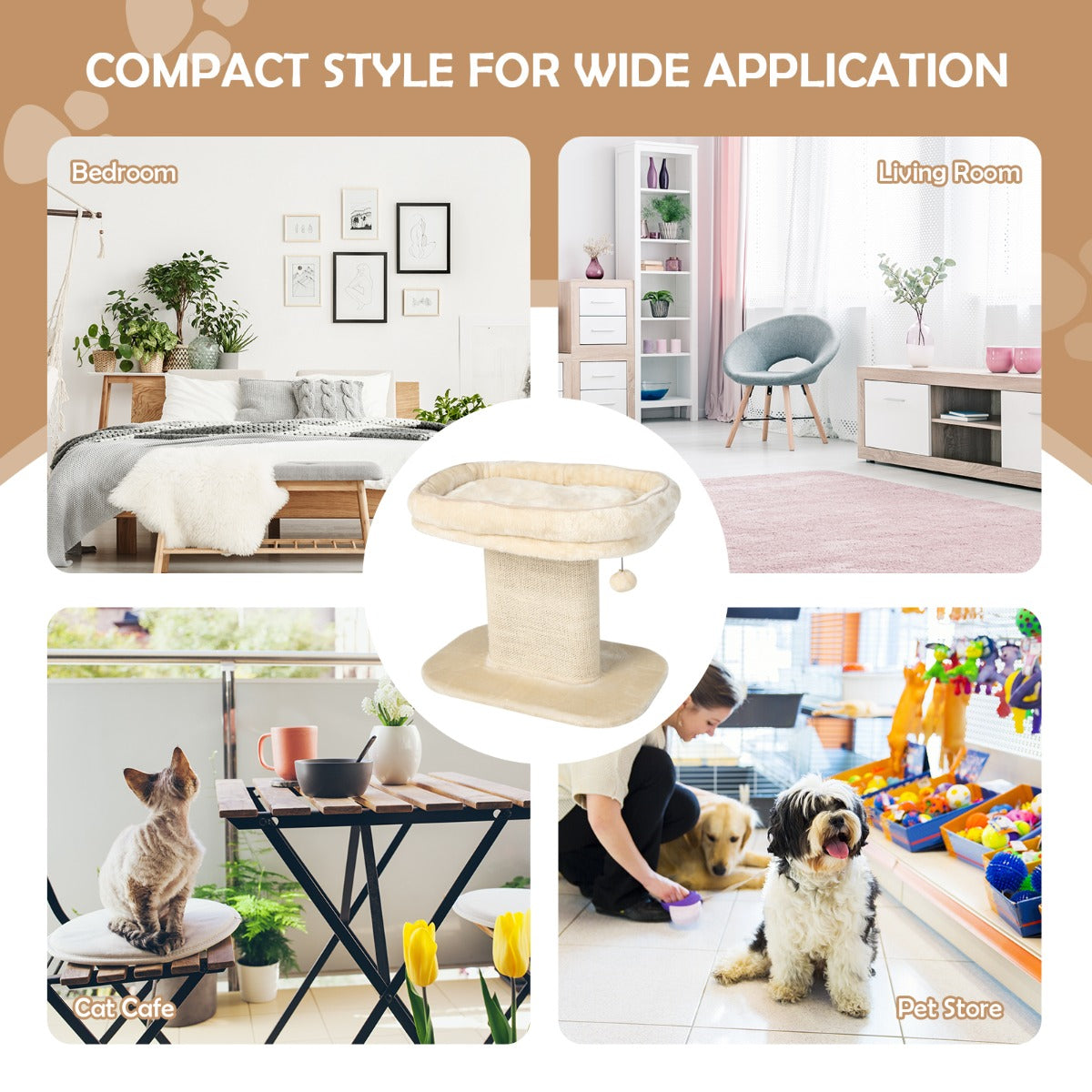Costway Modern Cat Tree Tower for Kittens with Large Plush Perch for Indoor Beige