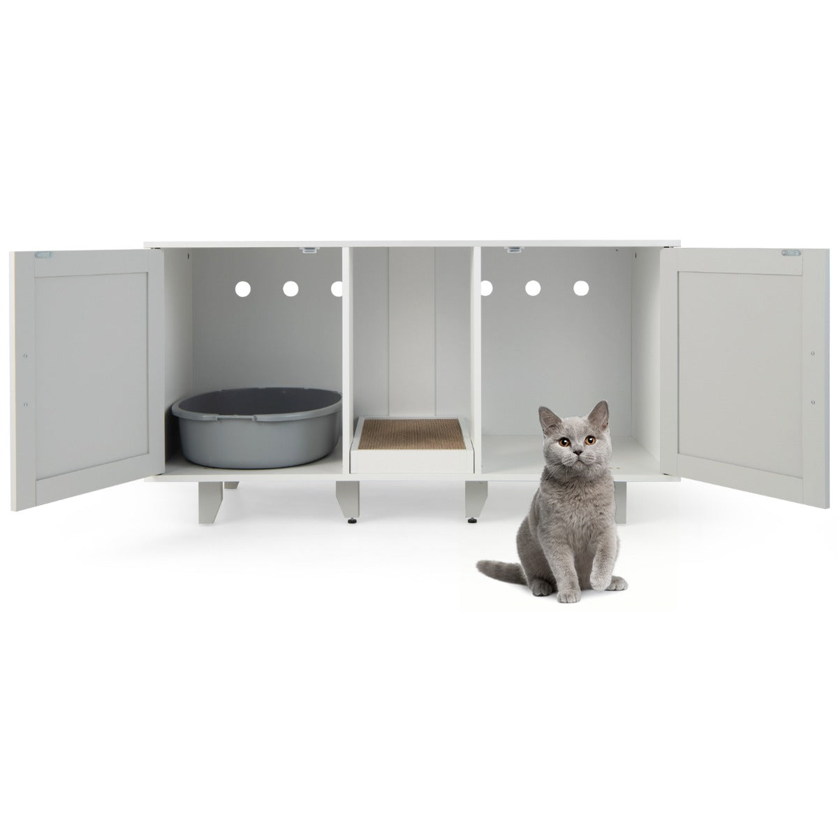 Cat Litter Box Enclosure TV Stand with Scratching Board for 2 Cats-Grey