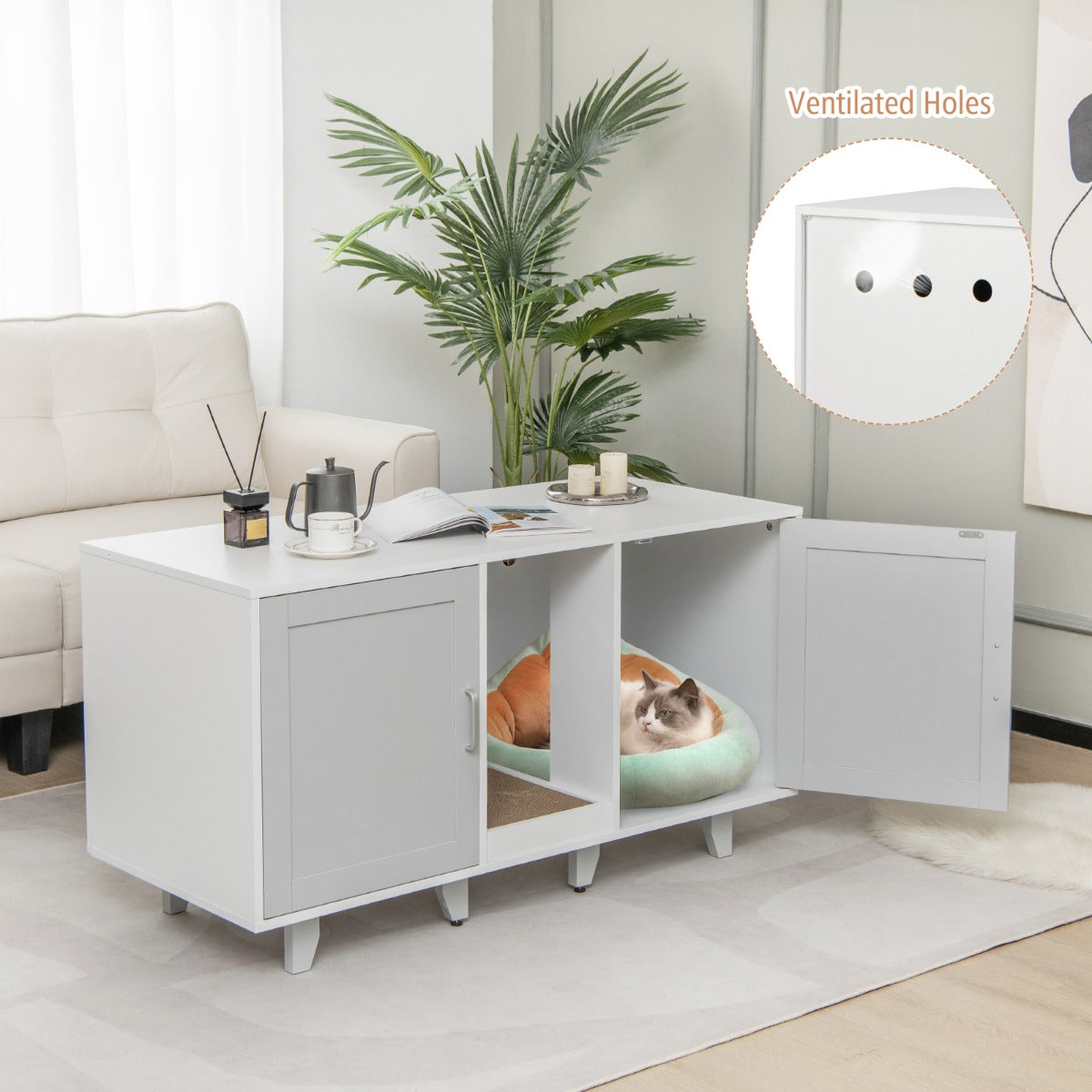 Cat Litter Box Enclosure TV Stand with Scratching Board for 2 Cats-Grey