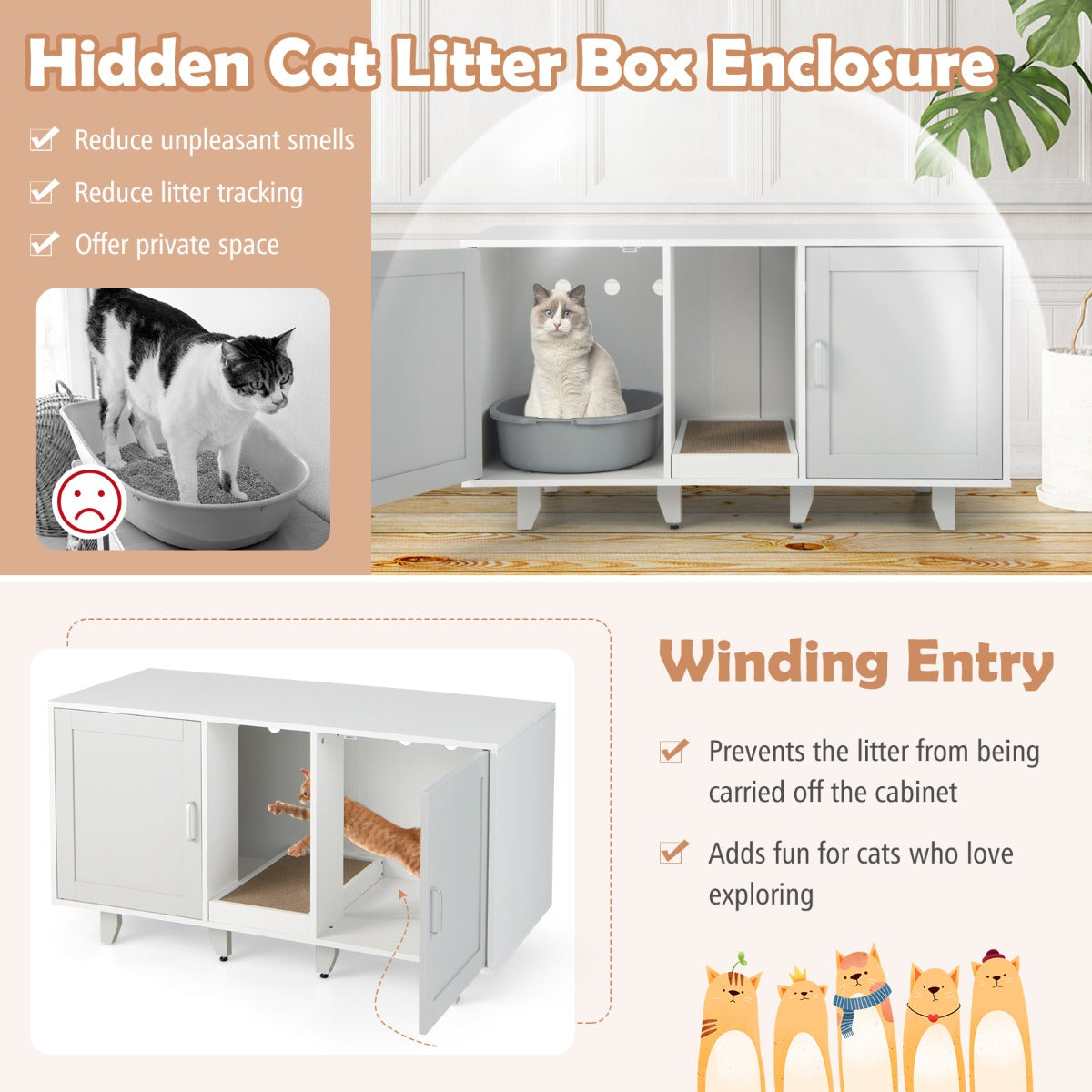 Cat Litter Box Enclosure TV Stand with Scratching Board for 2 Cats-Grey