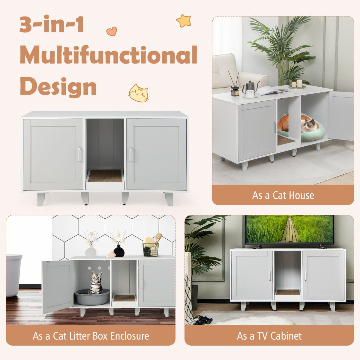 Cat Litter Box Enclosure TV Stand with Scratching Board for 2 Cats-Grey