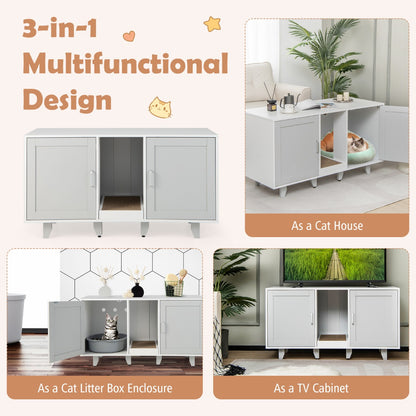Cat Litter Box Enclosure TV Stand with Scratching Board for 2 Cats-Grey