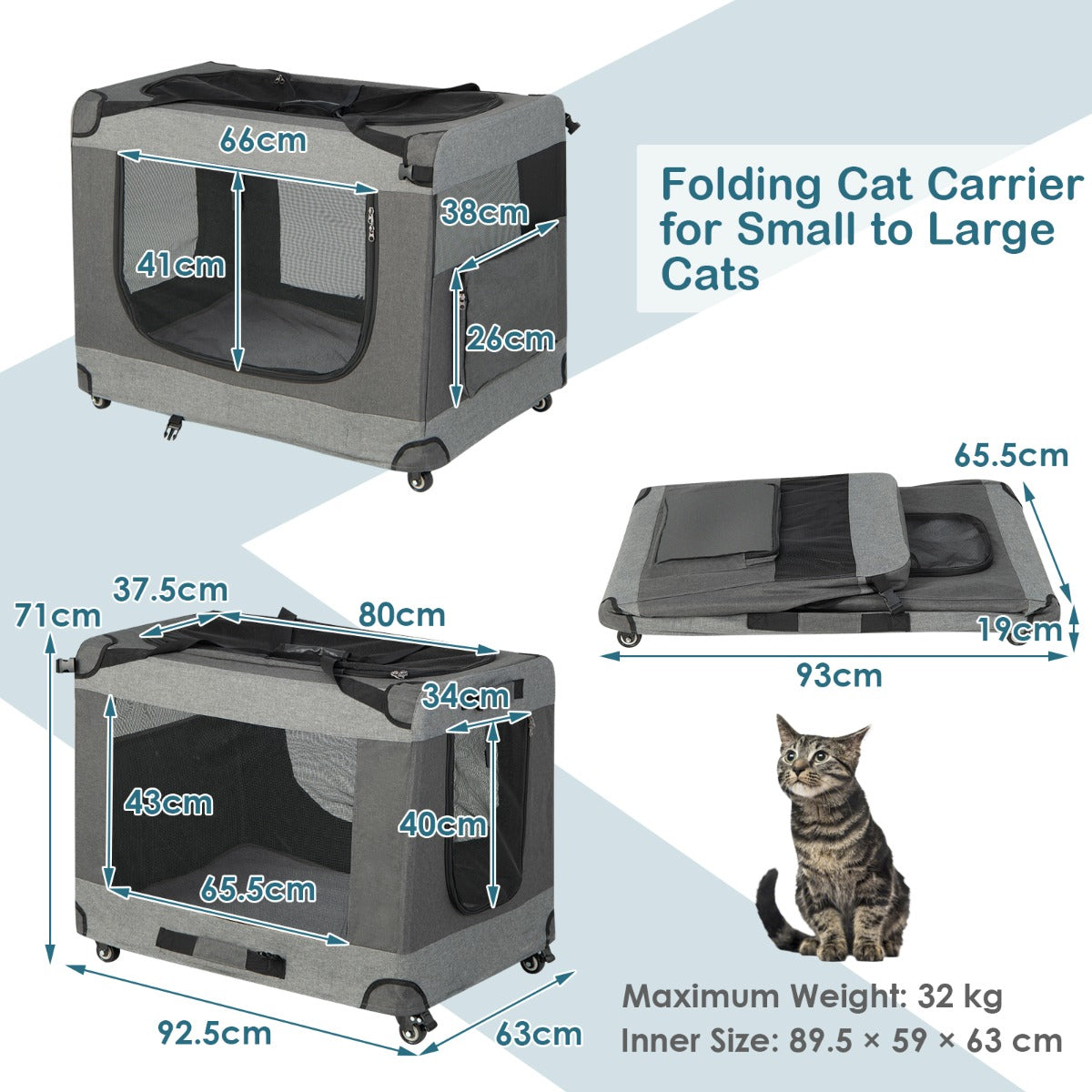 Large Foldable Cat Racing Cage with Shoulder Strap &amp; Removable Cushion-XL