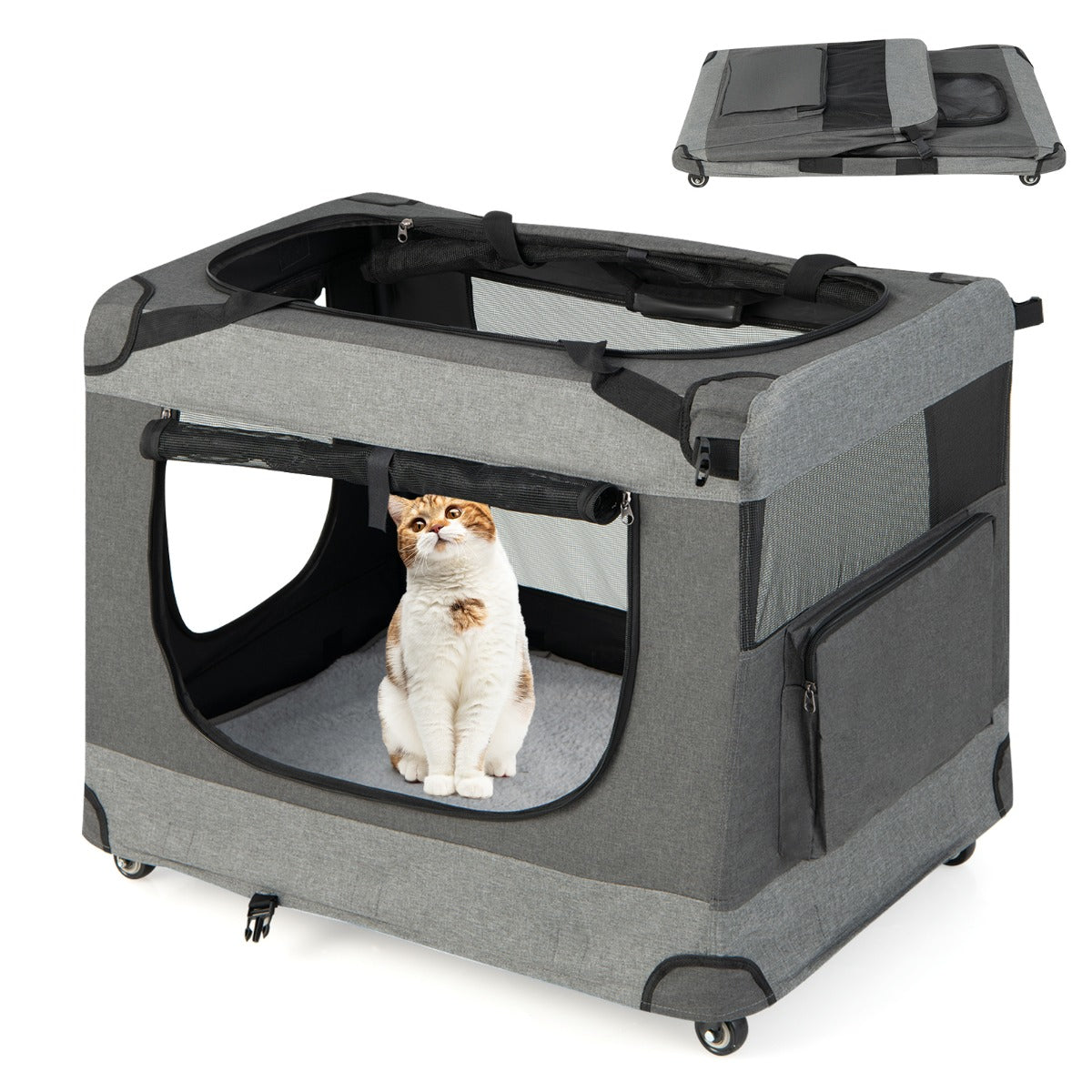Large Foldable Cat Racing Cage with Shoulder Strap &amp; Removable Cushion-XL