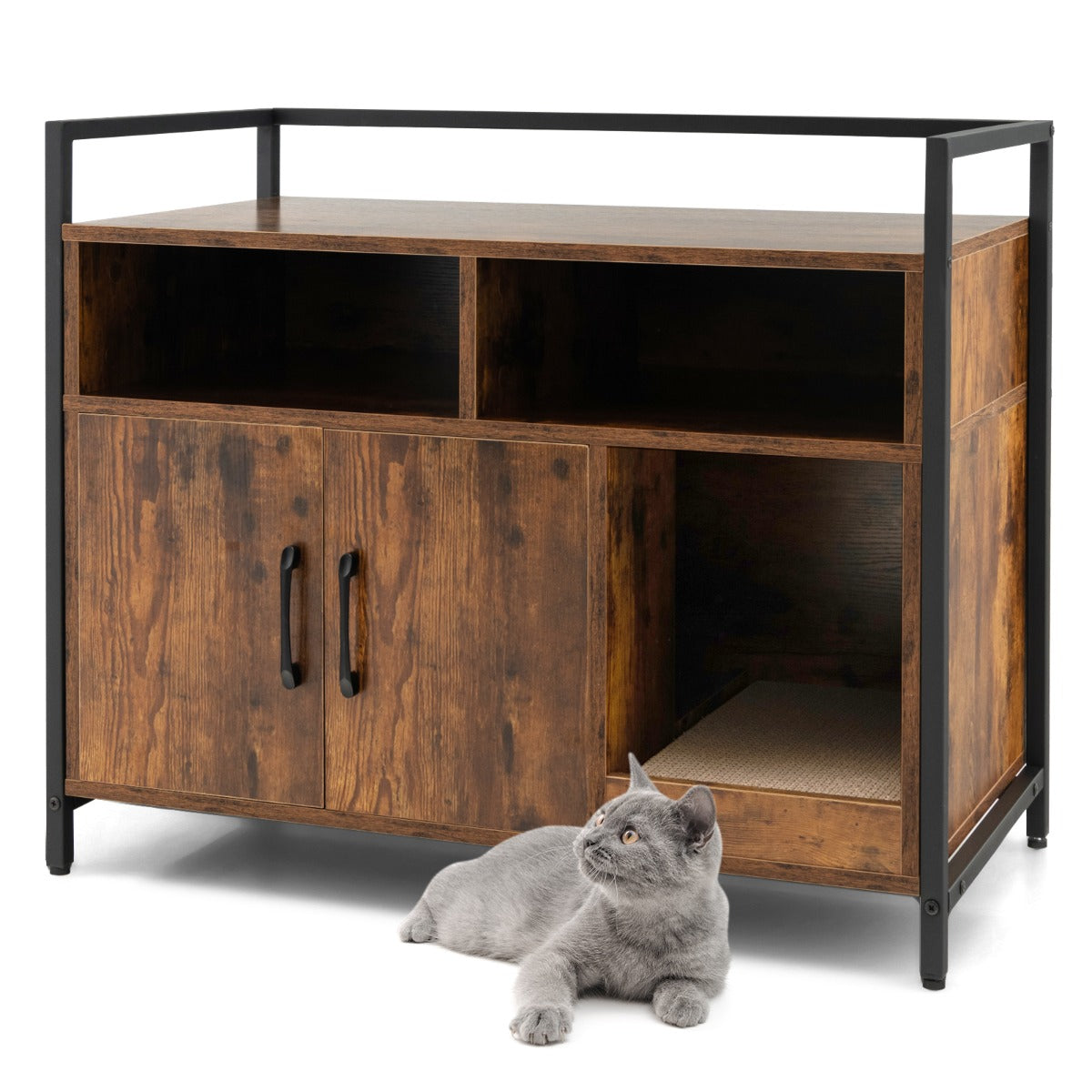Cat Litter Box Enclosure with Double Doors & Scratch Cardboard-Coffee