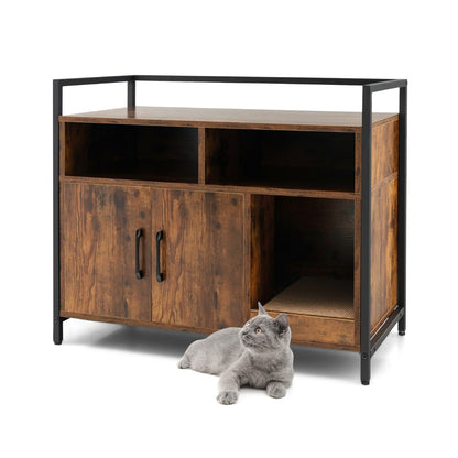 Cat Litter Box Enclosure with Double Doors & Scratch Cardboard-Coffee