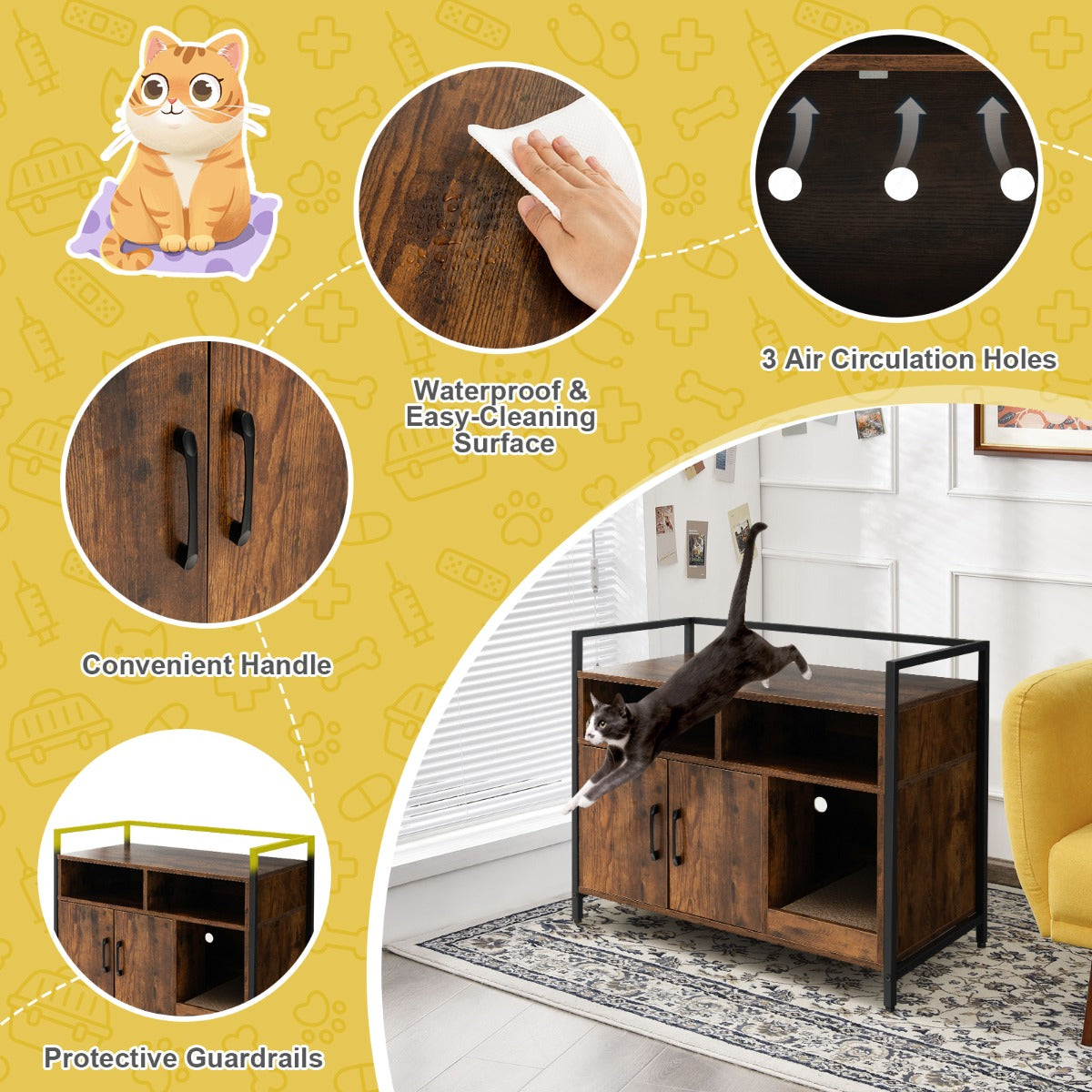 Cat Litter Box Enclosure with Double Doors & Scratch Cardboard-Coffee