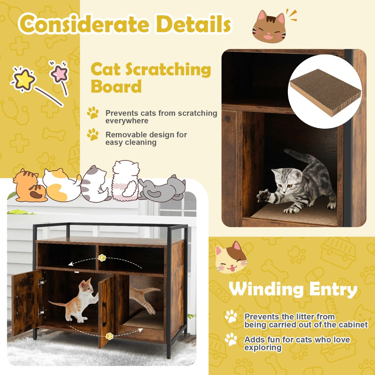Cat Litter Box Enclosure with Double Doors & Scratch Cardboard-Coffee