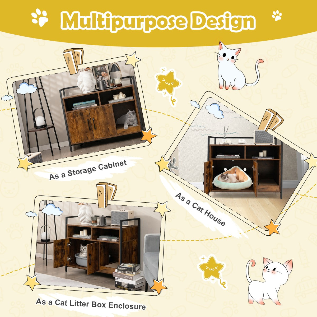 Cat Litter Box Enclosure with Double Doors & Scratch Cardboard-Coffee