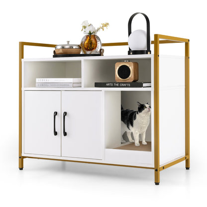Cat Litter Box Enclosure with Double Doors &amp; Scratch Cardboard-White