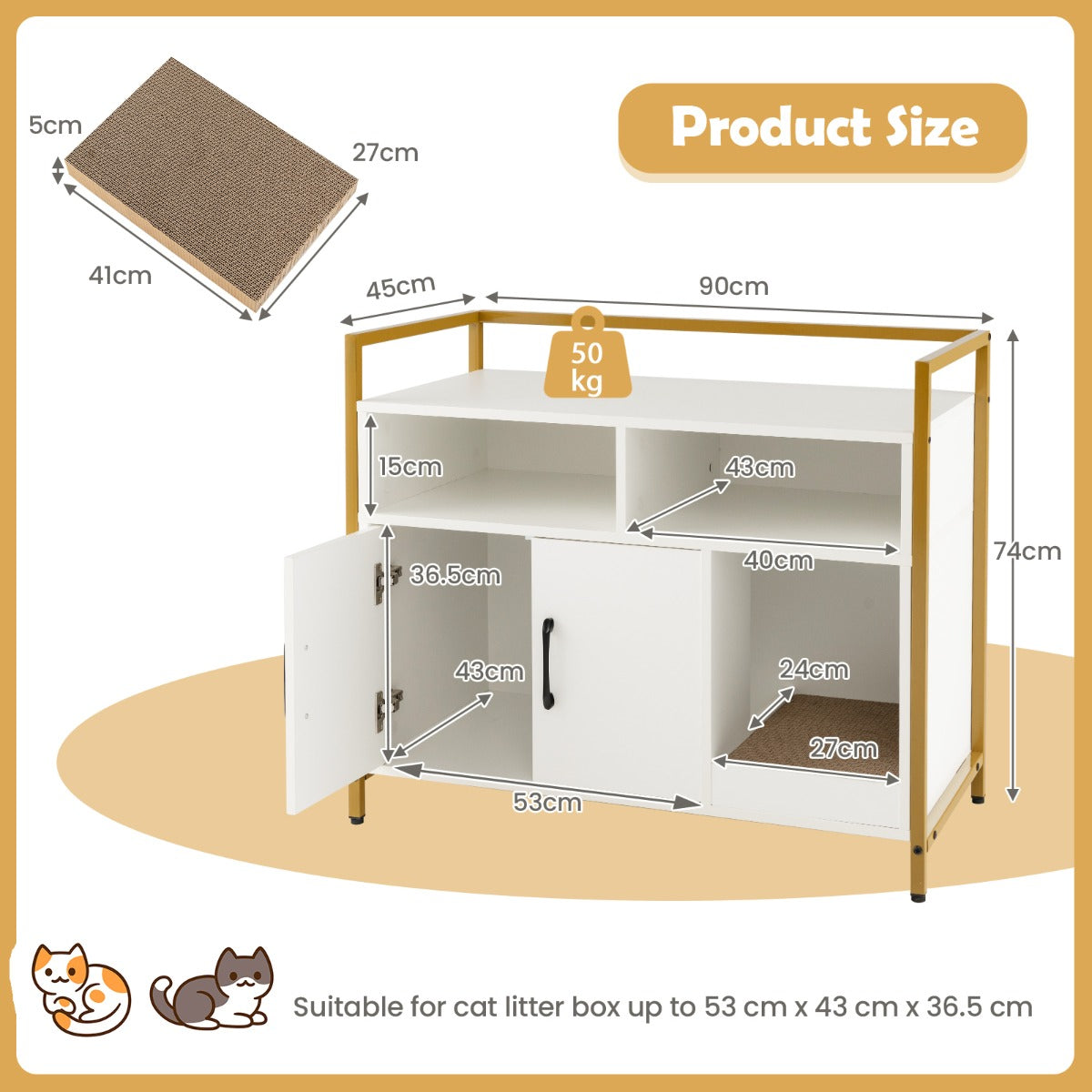 Cat Litter Box Enclosure with Double Doors &amp; Scratch Cardboard-White