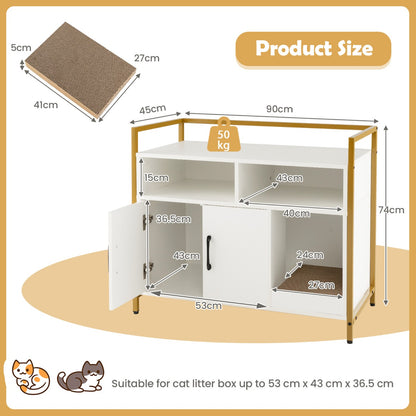 Cat Litter Box Enclosure with Double Doors &amp; Scratch Cardboard-White