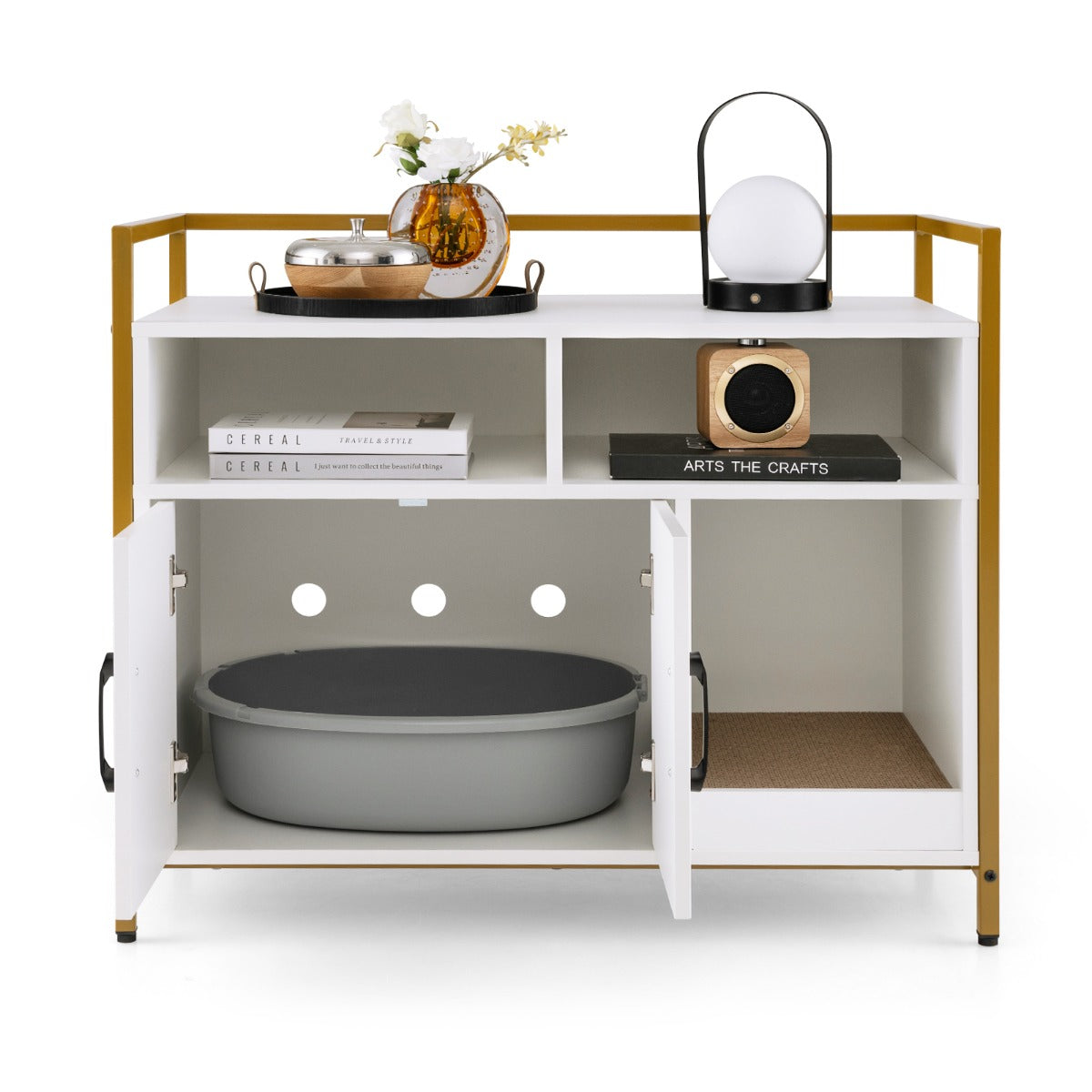 Cat Litter Box Enclosure with Double Doors &amp; Scratch Cardboard-White