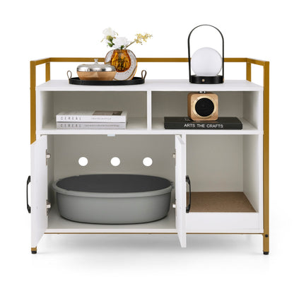 Cat Litter Box Enclosure with Double Doors &amp; Scratch Cardboard-White