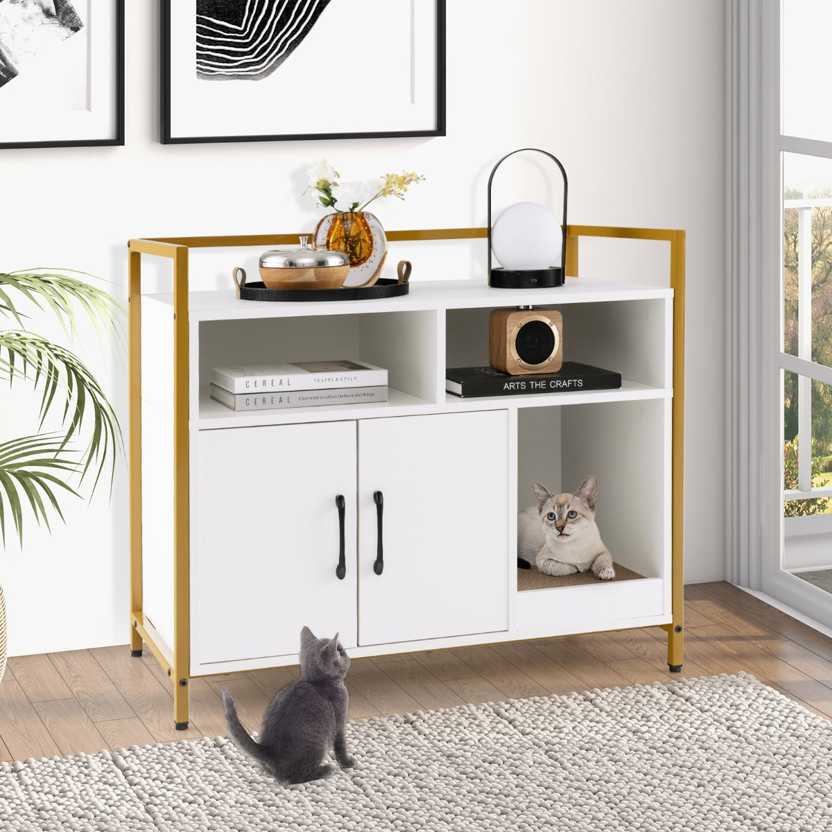 Cat Litter Box Enclosure with Double Doors &amp; Scratch Cardboard-White