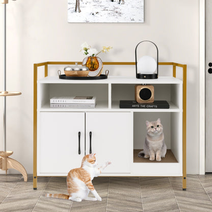 Cat Litter Box Enclosure with Double Doors &amp; Scratch Cardboard-White