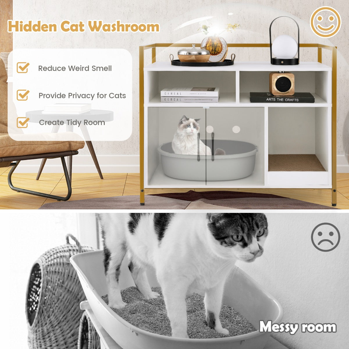 Cat Litter Box Enclosure with Double Doors &amp; Scratch Cardboard-White