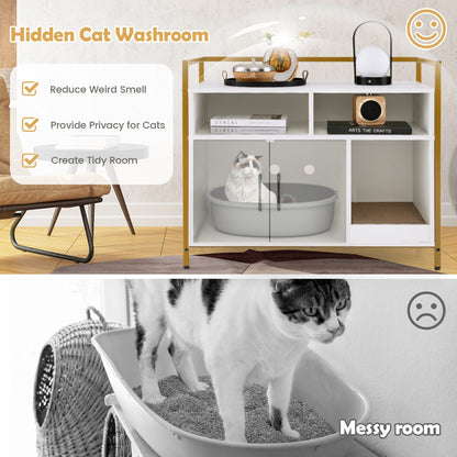 Cat Litter Box Enclosure with Double Doors &amp; Scratch Cardboard-White