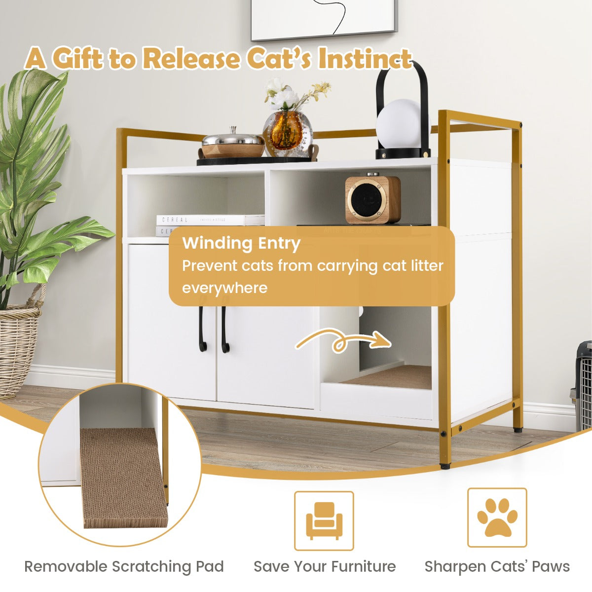 Cat Litter Box Enclosure with Double Doors &amp; Scratch Cardboard-White