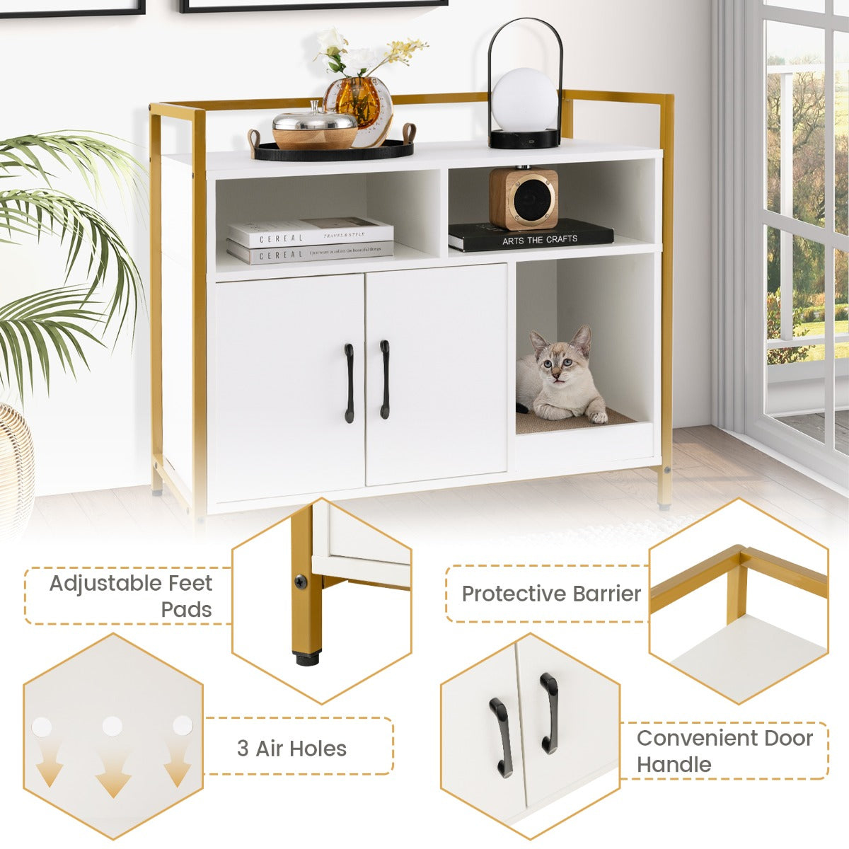Cat Litter Box Enclosure with Double Doors &amp; Scratch Cardboard-White