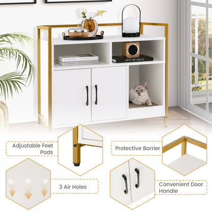 Cat Litter Box Enclosure with Double Doors &amp; Scratch Cardboard-White