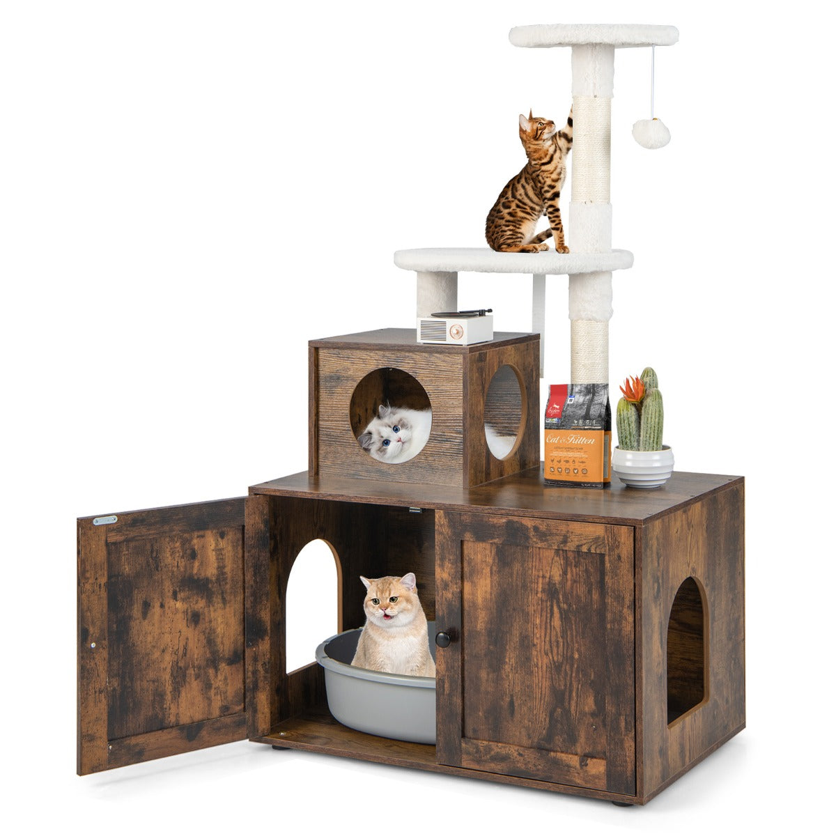 2-in-1 Cat Tree with Litter Box Enclosure &amp;amp; Sisal Scratching Posts-Brown