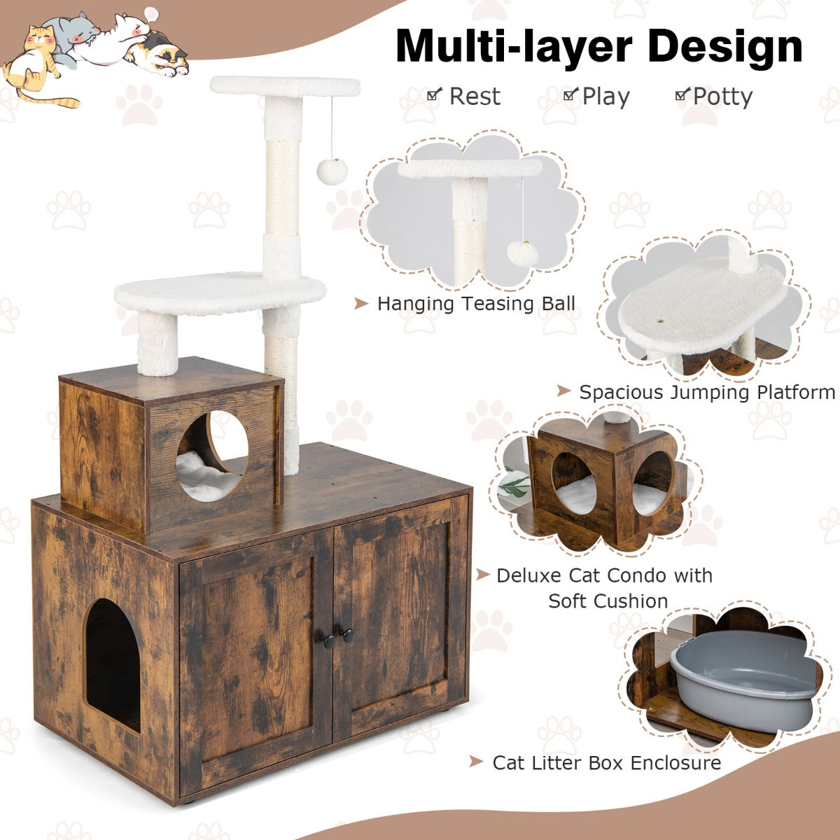 2-in-1 Cat Tree with Litter Box Enclosure &amp;amp; Sisal Scratching Posts-Brown