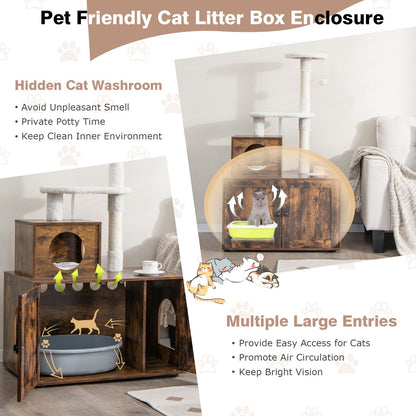 2-in-1 Cat Tree with Litter Box Enclosure &amp;amp; Sisal Scratching Posts-Brown