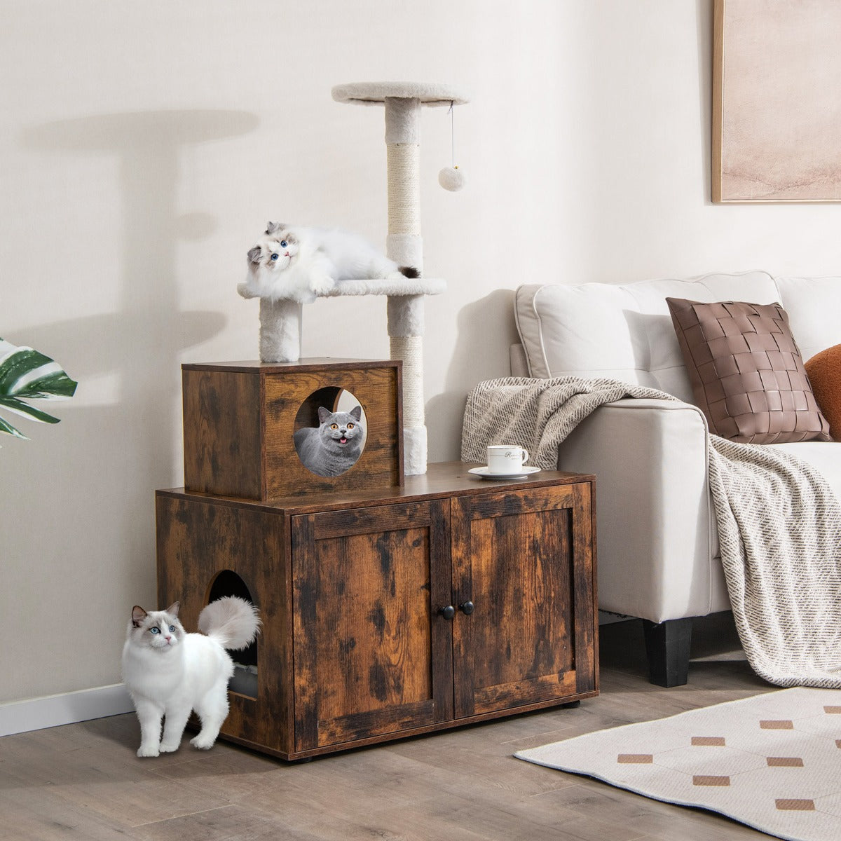 2-in-1 Cat Tree with Litter Box Enclosure &amp;amp; Sisal Scratching Posts-Brown
