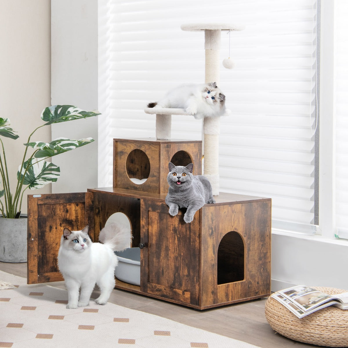 2-in-1 Cat Tree with Litter Box Enclosure &amp;amp; Sisal Scratching Posts-Brown