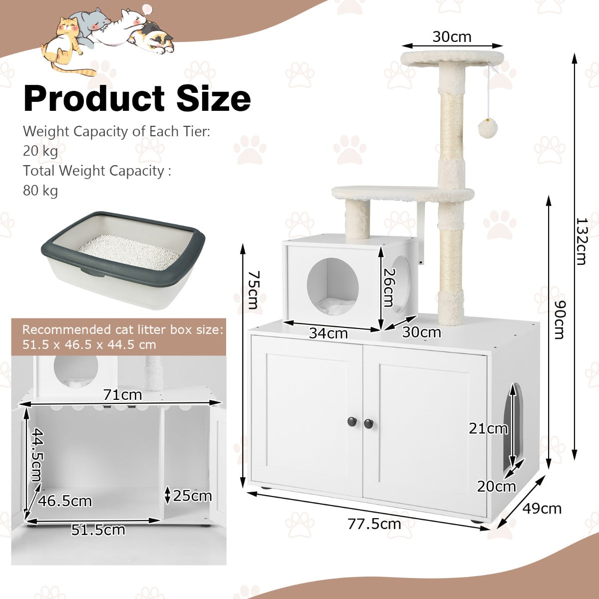 2-in-1 Cat Tree with Litter Box Enclosure &amp;amp; Sisal Scratching Posts-White