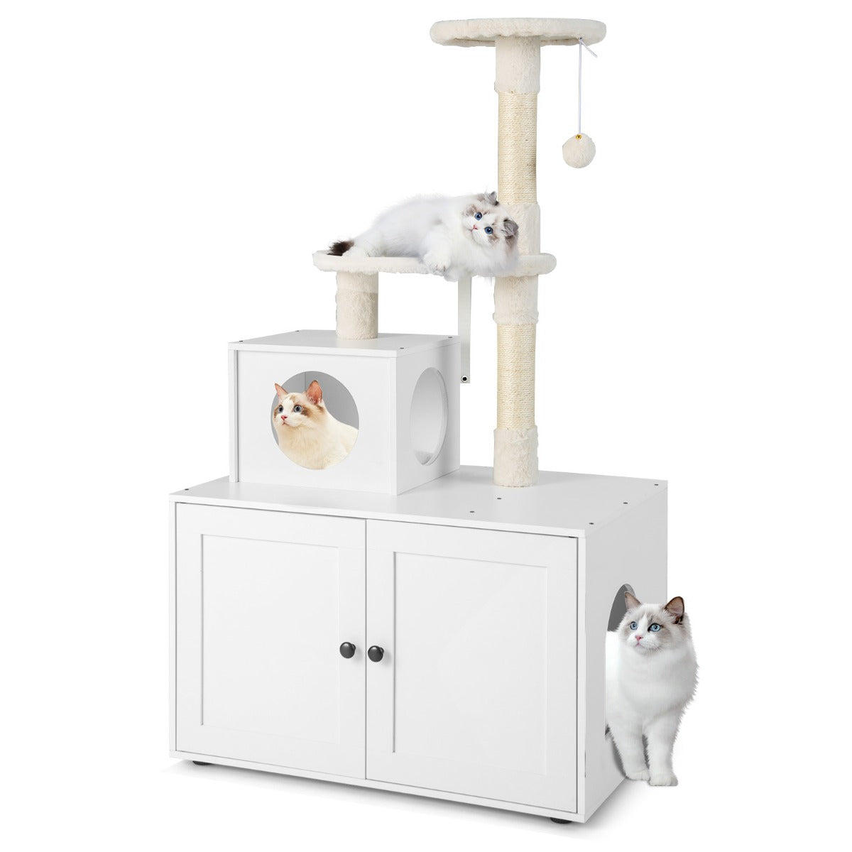 2-in-1 Cat Tree with Litter Box Enclosure &amp;amp; Sisal Scratching Posts-White