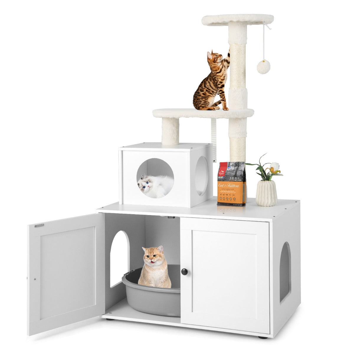 2-in-1 Cat Tree with Litter Box Enclosure &amp;amp; Sisal Scratching Posts-White