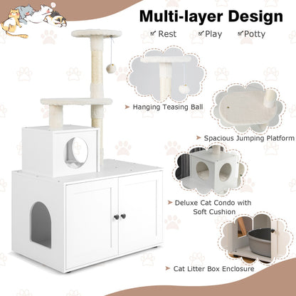 2-in-1 Cat Tree with Litter Box Enclosure &amp;amp; Sisal Scratching Posts-White