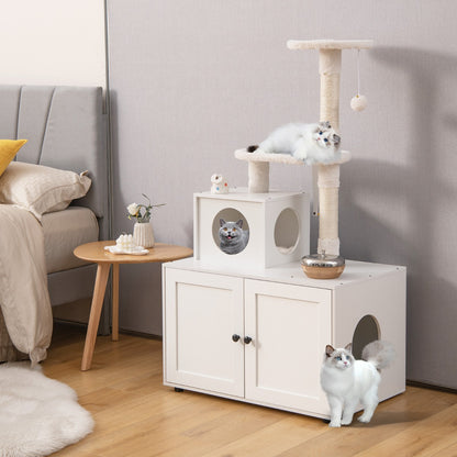 2-in-1 Cat Tree with Litter Box Enclosure &amp;amp; Sisal Scratching Posts-White