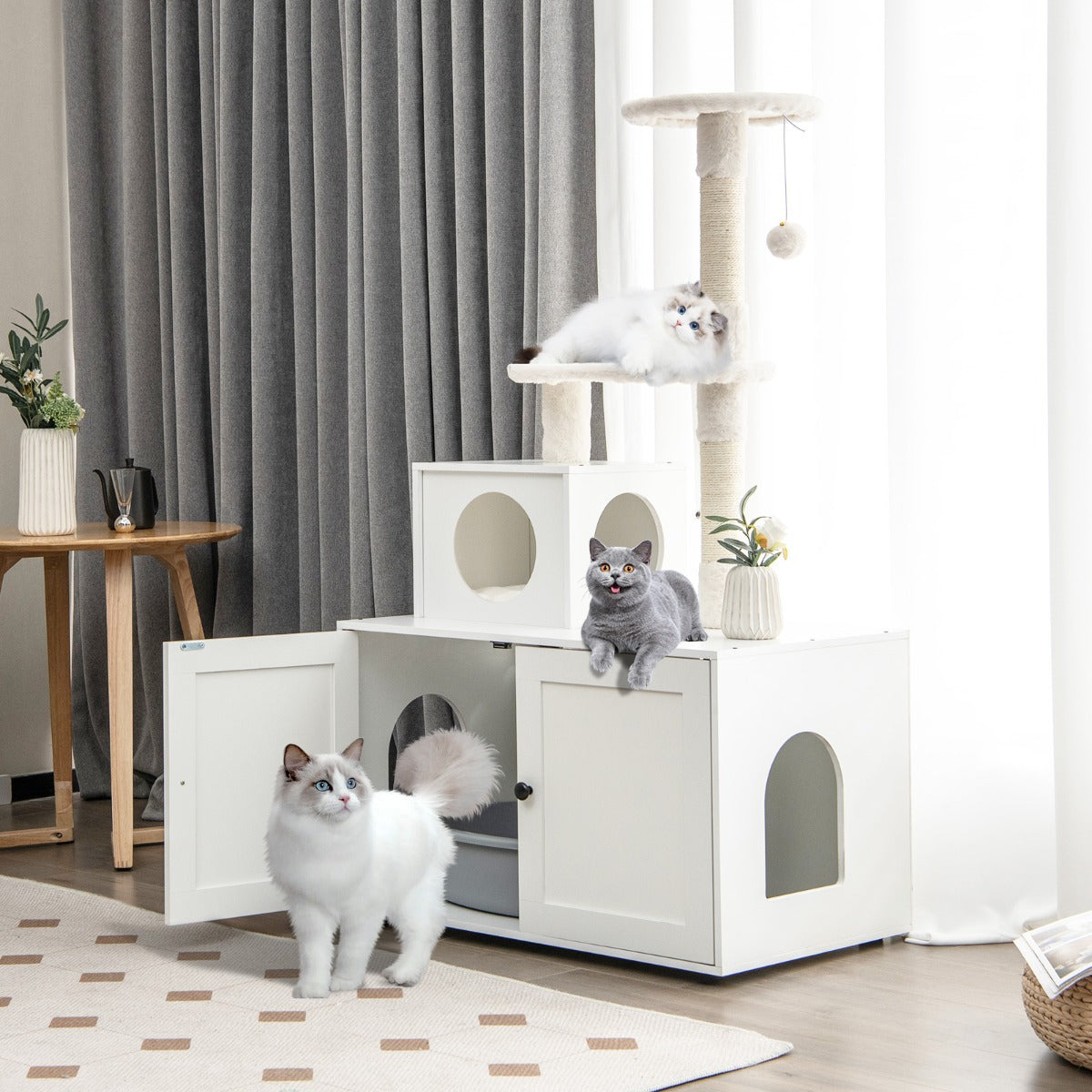 2-in-1 Cat Tree with Litter Box Enclosure &amp;amp; Sisal Scratching Posts-White