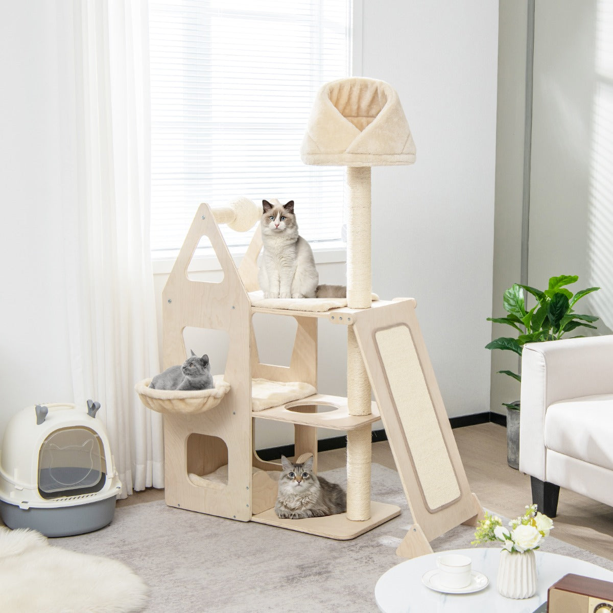 Costway Multi-Layer Wooden Cat Tree with Plush Perch for Kitten