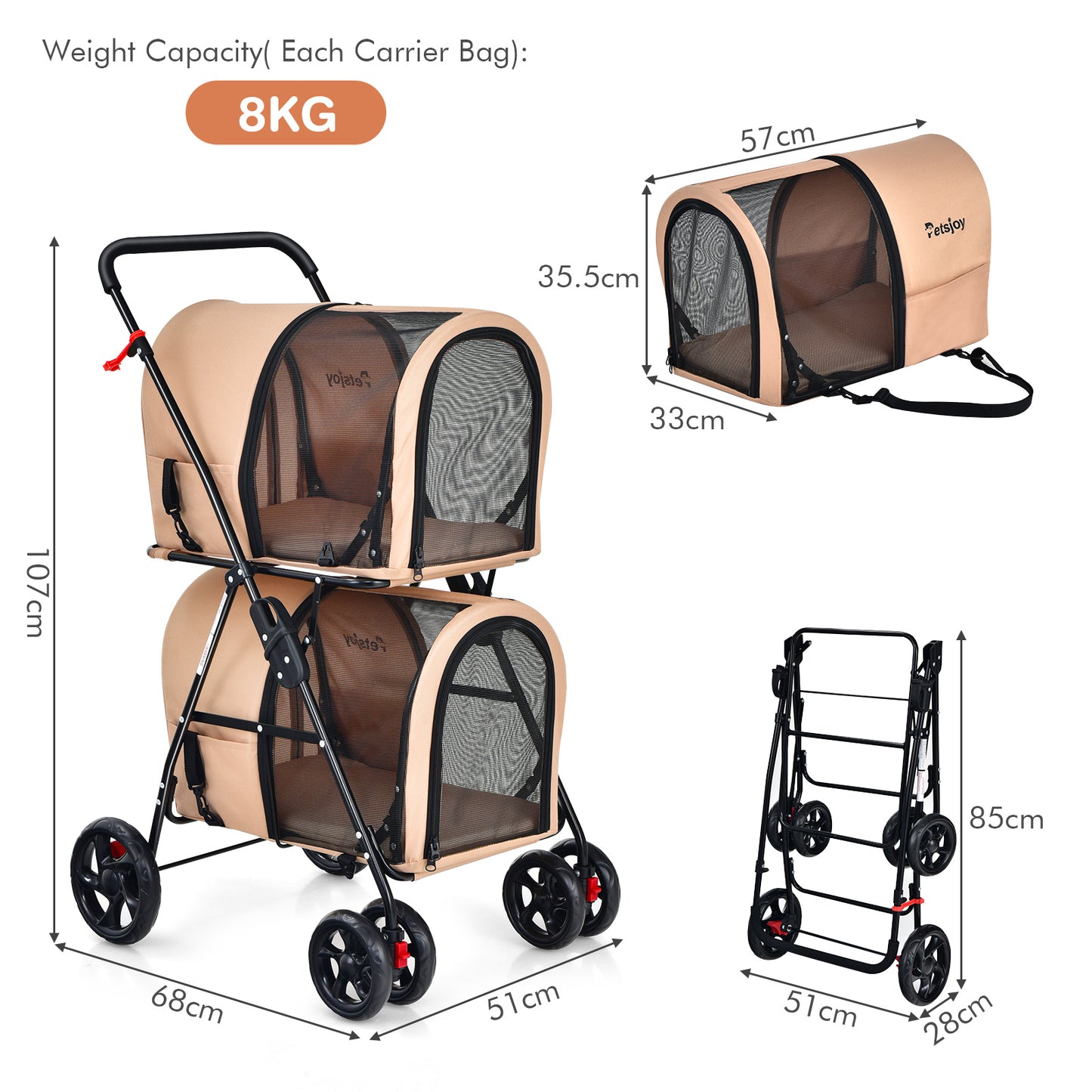 4-in-1 Double Pet Stroller with Detachable Carrier for Cats Travel-Beige
