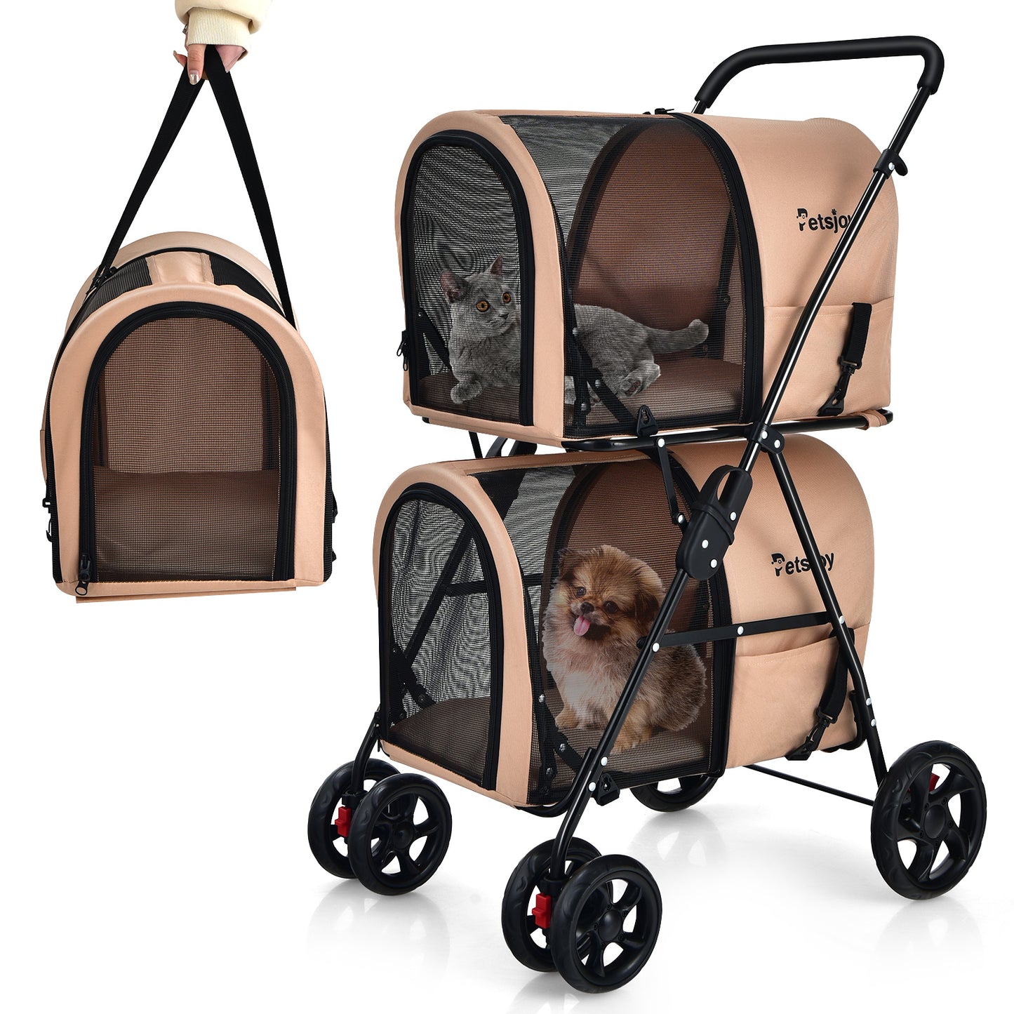4-in-1 Double Pet Stroller with Detachable Carrier for Cats Travel-Beige