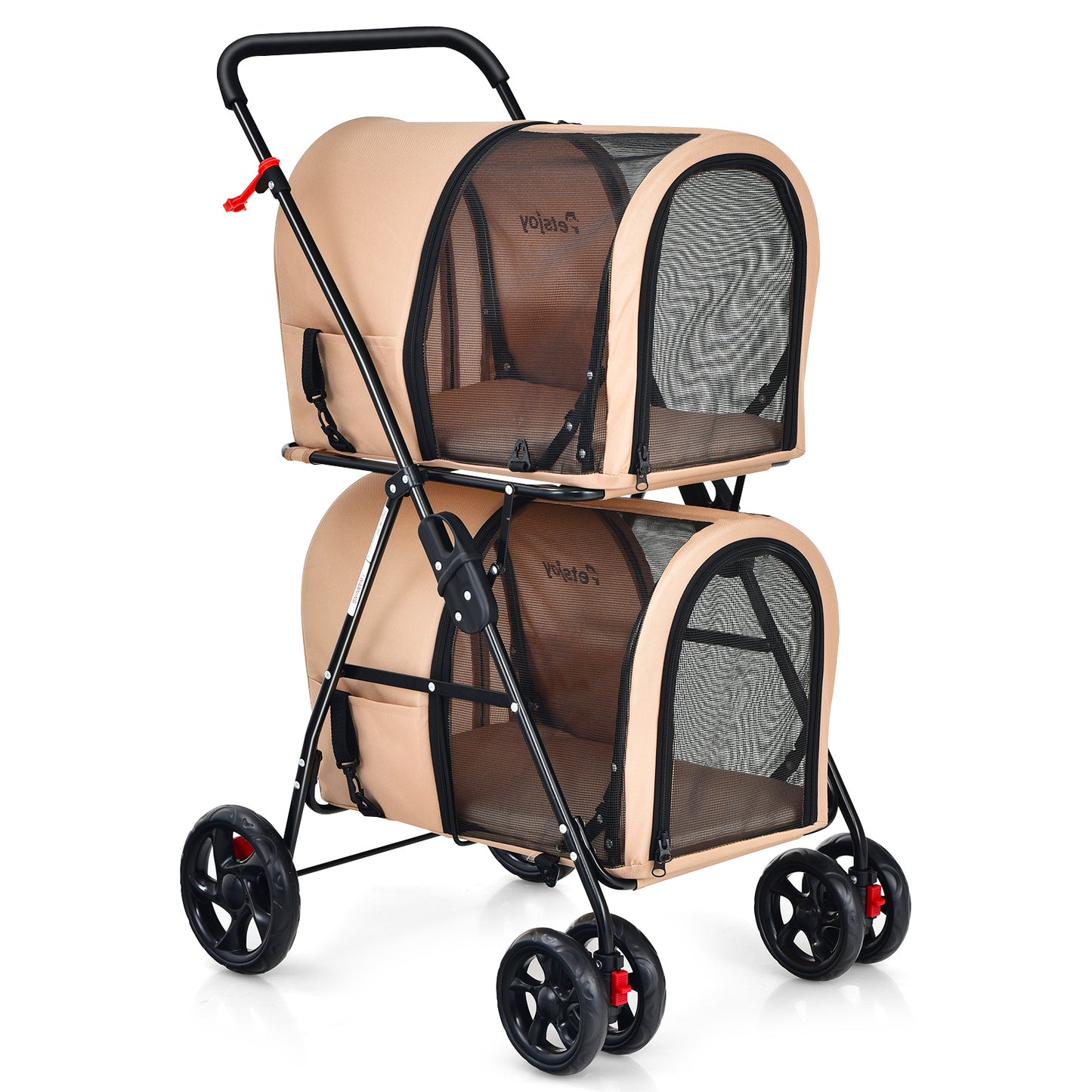 4-in-1 Double Pet Stroller with Detachable Carrier for Cats Travel-Beige