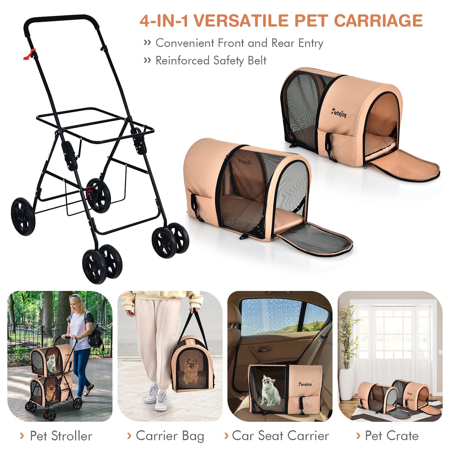 4-in-1 Double Pet Stroller with Detachable Carrier for Cats Travel-Beige